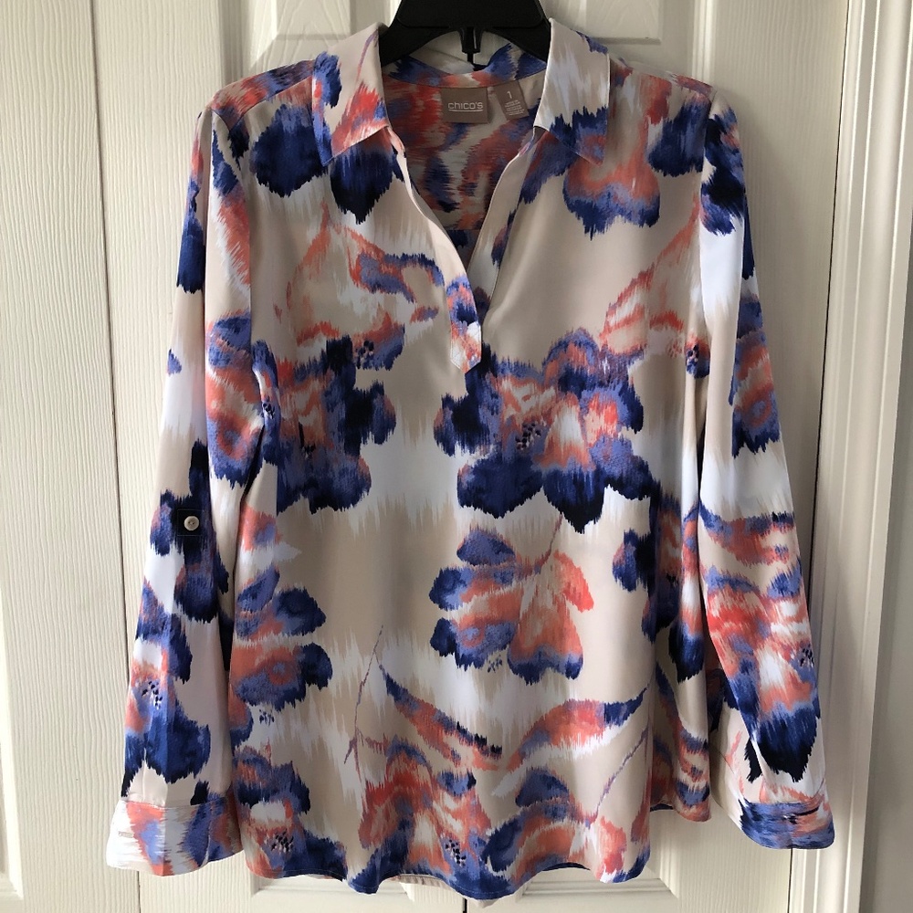 Chico's, Womens floral blouse/shirt, adjustable sleeve length, Size 1 (Med), EUC